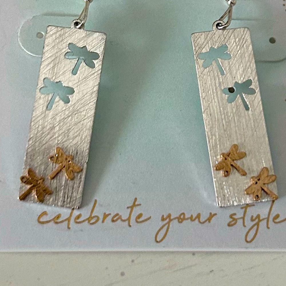 Periwinkle by Barlow Silver and Gold Dragonfly Earrings NWT